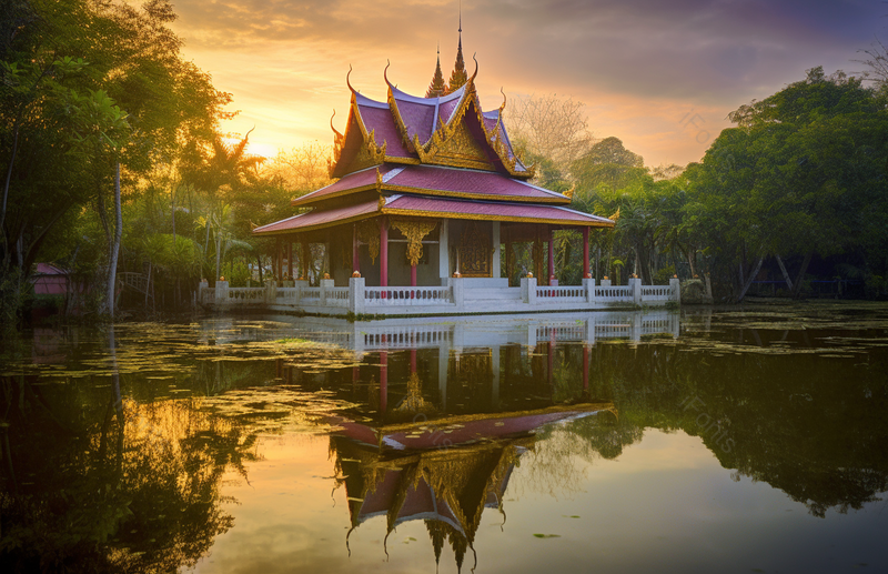 热带树林日落景观寺庙建筑风景,高清,摄影图,摄影图片,图片大全,摄影图免费下载